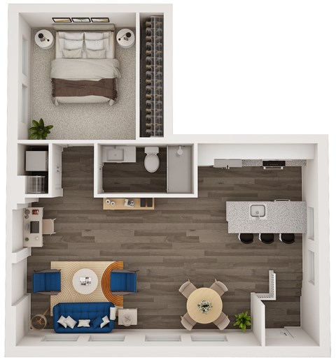 A top-down view of a small apartment with a bed, a couch, a dining table, and a kitchenette.